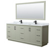 Strada 84 Inch Double Bathroom Vanity In Light Green, White Carrara Marble Countertop, Undermount Square Sinks, Matte Black Trim, 70 Inch Mirror