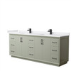 Strada 84 Inch Double Bathroom Vanity In Light Green, White Cultured Marble Countertop, Undermount Square Sinks, Matte Black Trim