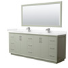 Strada 84 Inch Double Bathroom Vanity In Light Green, Carrara Cultured Marble Countertop, Undermount Square Sinks, Brushed Nickel Trim, 70 Inch Mirror