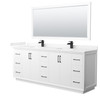 Strada 84 Inch Double Bathroom Vanity In White, Carrara Cultured Marble Countertop, Undermount Square Sink, Matte Black Trim, 70 Inch Mirror