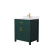 Beckett 30 Inch Single Bathroom Vanity In Green, White Cultured Marble Countertop, Undermount Square Sink, Brushed Gold Trim