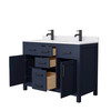 Beckett 48 Inch Double Bathroom Vanity In Dark Blue, White Cultured Marble Countertop, Undermount Square Sinks, Matte Black Trim