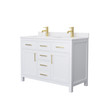 Beckett 48 Inch Double Bathroom Vanity In White, White Cultured Marble Countertop, Undermount Square Sinks, Brushed Gold Trim