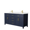 Beckett 66 Inch Double Bathroom Vanity In Dark Blue, Carrara Cultured Marble Countertop, Undermount Square Sinks, No Mirror