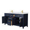 Beckett 66 Inch Double Bathroom Vanity In Dark Blue, White Cultured Marble Countertop, Undermount Square Sinks, No Mirror