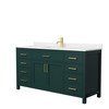 Beckett 66 Inch Single Bathroom Vanity In Green, Carrara Cultured Marble Countertop, Undermount Square Sink, Brushed Gold Trim