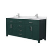 Beckett 72 Inch Double Bathroom Vanity In Green, White Cultured Marble Countertop, Undermount Square Sinks, Brushed Nickel Trim