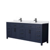 Beckett 84 Inch Double Bathroom Vanity In Dark Blue, White Cultured Marble Countertop, Undermount Square Sinks, Matte Black Trim
