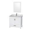 Sheffield 36 Inch Single Bathroom Vanity In White, White Carrara Marble Countertop, Undermount Square Sink, And 24 Inch Mirror