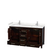 Sheffield 60 Inch Double Bathroom Vanity In Espresso, Carrara Cultured Marble Countertop, Undermount Square Sinks, No Mirror