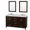 Sheffield 60 Inch Double Bathroom Vanity In Espresso, White Carrara Marble Countertop, Undermount Oval Sinks, And 24 Inch Mirrors