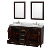 Sheffield 60 Inch Double Bathroom Vanity In Espresso, White Carrara Marble Countertop, Undermount Oval Sinks, And 24 Inch Mirrors