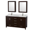 Sheffield 60 Inch Double Bathroom Vanity In Espresso, White Carrara Marble Countertop, Undermount Square Sinks, And Medicine Cabinets