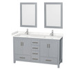 Sheffield 60 Inch Double Bathroom Vanity In Gray, Carrara Cultured Marble Countertop, Undermount Square Sinks, 24 Inch Mirrors