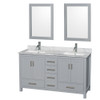 Sheffield 60 Inch Double Bathroom Vanity In Gray, White Carrara Marble Countertop, Undermount Square Sinks, And 24 Inch Mirrors