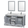 Sheffield 60 Inch Double Bathroom Vanity In Gray, White Carrara Marble Countertop, Undermount Square Sinks, And 24 Inch Mirrors