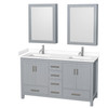 Sheffield 60 Inch Double Bathroom Vanity In Gray, White Cultured Marble Countertop, Undermount Square Sinks, Medicine Cabinets