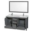 Sheffield 60 Inch Double Bathroom Vanity In Dark Gray, White Carrara Marble Countertop, Undermount Square Sinks, And 58 Inch Mirror