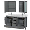 Sheffield 60 Inch Double Bathroom Vanity In Dark Gray, White Carrara Marble Countertop, Undermount Square Sinks, And Medicine Cabinets