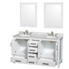 Sheffield 60 Inch Double Bathroom Vanity In White, White Carrara Marble Countertop, Undermount Oval Sinks, And 24 Inch Mirrors