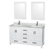 Sheffield 60 Inch Double Bathroom Vanity In White, White Carrara Marble Countertop, Undermount Square Sinks, And 24 Inch Mirrors