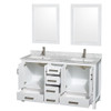 Sheffield 60 Inch Double Bathroom Vanity In White, White Carrara Marble Countertop, Undermount Square Sinks, And 24 Inch Mirrors