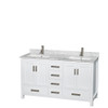 Sheffield 60 Inch Double Bathroom Vanity In White, White Carrara Marble Countertop, Undermount Square Sinks, And 24 Inch Mirrors