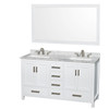 Sheffield 60 Inch Double Bathroom Vanity In White, White Carrara Marble Countertop, Undermount 3-hole Square Sinks, 58 Inch Mirror