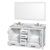 Sheffield 60 Inch Double Bathroom Vanity In White, White Carrara Marble Countertop, Undermount 3-hole Square Sinks, 58 Inch Mirror