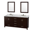 Sheffield 72 Inch Double Bathroom Vanity In Espresso, White Carrara Marble Countertop, Undermount Oval Sinks, And 24 Inch Mirrors