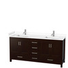 Sheffield 72 Inch Double Bathroom Vanity In Espresso, White Cultured Marble Countertop, Undermount Square Sinks, No Mirror