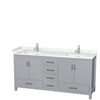 Sheffield 72 Inch Double Bathroom Vanity In Gray, Carrara Cultured Marble Countertop, Undermount Square Sinks, No Mirror