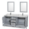 Sheffield 72 Inch Double Bathroom Vanity In Gray, White Carrara Marble Countertop, Undermount Square Sinks, And 24 Inch Mirrors