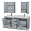 Sheffield 72 Inch Double Bathroom Vanity In Gray, White Carrara Marble Countertop, Undermount Square Sinks, And Medicine Cabinets