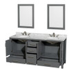 Sheffield 72 Inch Double Bathroom Vanity In Dark Gray, White Carrara Marble Countertop, Undermount Oval Sinks, And 24 Inch Mirrors