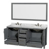 Sheffield 72 Inch Double Bathroom Vanity In Dark Gray, White Carrara Marble Countertop, Undermount Oval Sinks, And 70 Inch Mirror