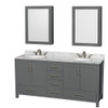 Sheffield 72 Inch Double Bathroom Vanity In Dark Gray, White Carrara Marble Countertop, Undermount Oval Sinks, And Medicine Cabinets