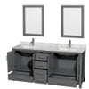 Sheffield 72 Inch Double Bathroom Vanity In Dark Gray, White Carrara Marble Countertop, Undermount Square Sinks, And 24 Inch Mirrors