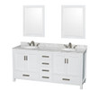 Sheffield 72 Inch Double Bathroom Vanity In White, White Carrara Marble Countertop, Undermount Oval Sinks, And 24 Inch Mirrors