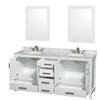 Sheffield 72 Inch Double Bathroom Vanity In White, White Carrara Marble Countertop, Undermount Oval Sinks, And 24 Inch Mirrors