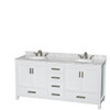 Sheffield 72 Inch Double Bathroom Vanity In White, White Carrara Marble Countertop, Undermount Oval Sinks, And 24 Inch Mirrors