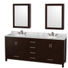 Sheffield 80 Inch Double Bathroom Vanity In Espresso, White Carrara Marble Countertop, Undermount Oval Sinks, And Medicine Cabinets
