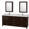 Sheffield 80 Inch Double Bathroom Vanity In Espresso, White Carrara Marble Countertop, Undermount Square Sinks, And Medicine Cabinets