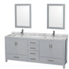 Sheffield 80 Inch Double Bathroom Vanity In Gray, White Carrara Marble Countertop, Undermount Square Sinks, And 24 Inch Mirrors