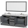 Sheffield 80 Inch Double Bathroom Vanity In Dark Gray, White Carrara Marble Countertop, Undermount Oval Sinks, And 70 Inch Mirror