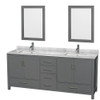 Sheffield 80 Inch Double Bathroom Vanity In Dark Gray, White Carrara Marble Countertop, Undermount Square Sinks, And 24 Inch Mirrors