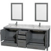 Sheffield 80 Inch Double Bathroom Vanity In Dark Gray, White Carrara Marble Countertop, Undermount Square Sinks, And 24 Inch Mirrors