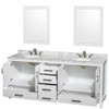 Sheffield 80 Inch Double Bathroom Vanity In White, White Carrara Marble Countertop, Undermount Oval Sinks, And 24 Inch Mirrors