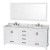 Sheffield 80 Inch Double Bathroom Vanity In White, White Carrara Marble Countertop, Undermount Oval Sinks, And 70 Inch Mirror