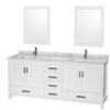 Sheffield 80 Inch Double Bathroom Vanity In White, White Carrara Marble Countertop, Undermount Square Sinks, And 24 Inch Mirrors